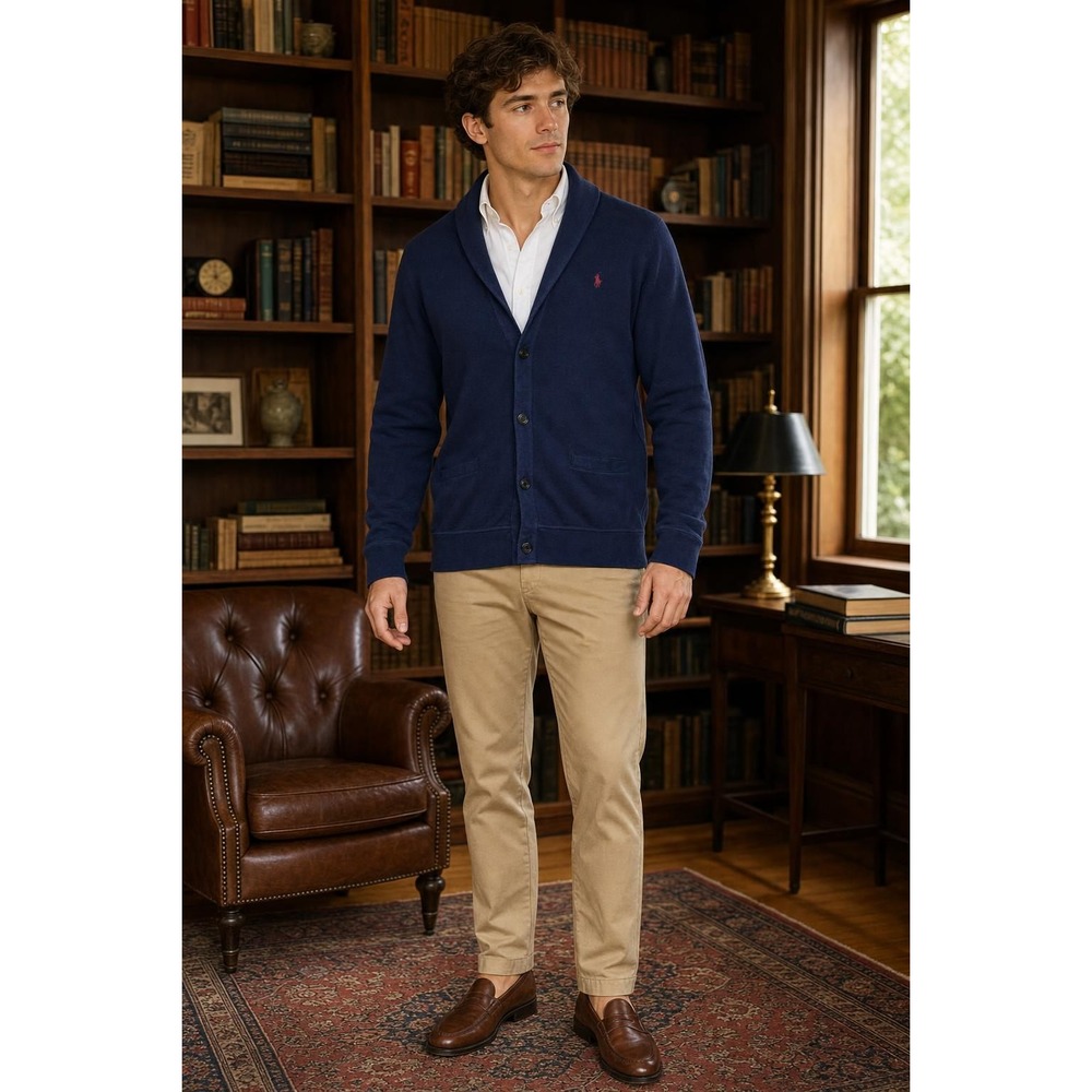 Polo Ralph Lauren Estate Rib Shawl Cardigan Men's L Navy Cotton Preppy